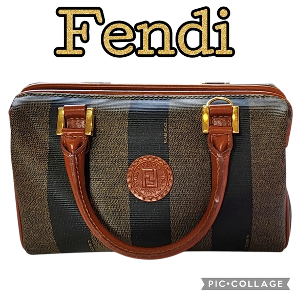 BAG Mini Boston FENDI Penguin Authentic Beautiful Canvas Brown Black Striped - Picture 1 of 16